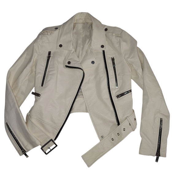 Cream Leather Motorcycle Jacket with Asymmetrical Zipper - Picture 2 of 2